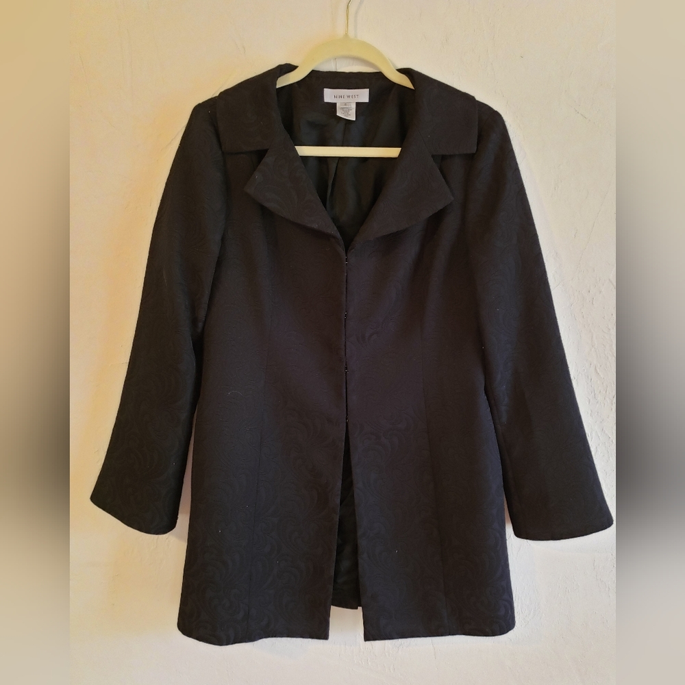 Nine West womens long black embossed jacket, size S